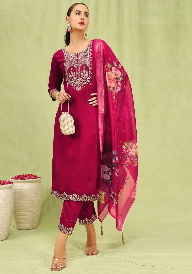 Pink Embroidered Viscose Straight Kurta Set - Indya