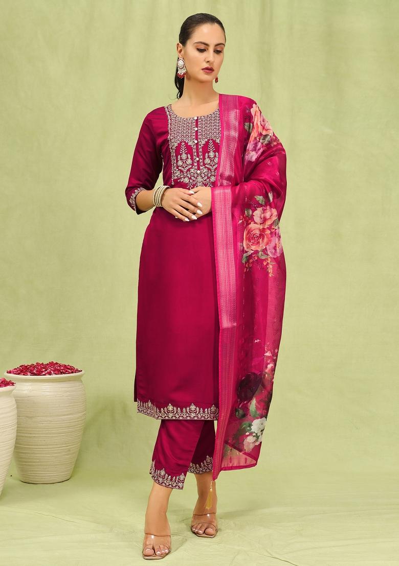 Pink Embroidered Viscose Salwar Kameez With Dupatta