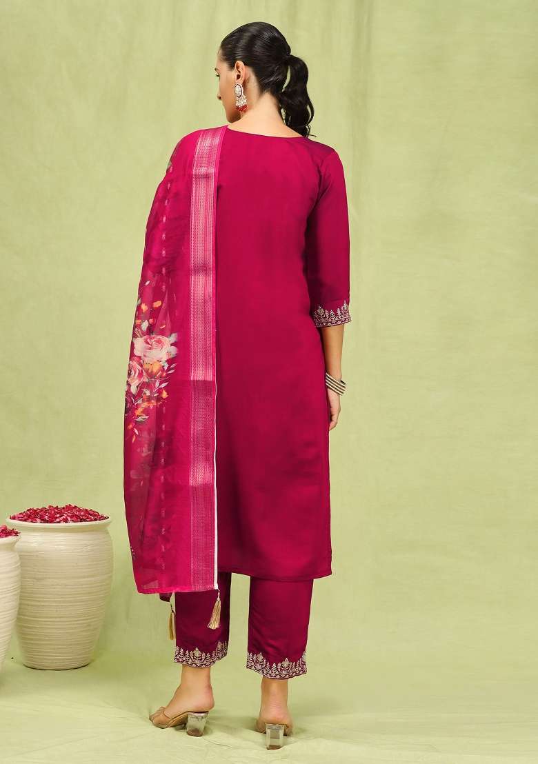 Pink Embroidered Viscose Straight Kurta Set - Indya