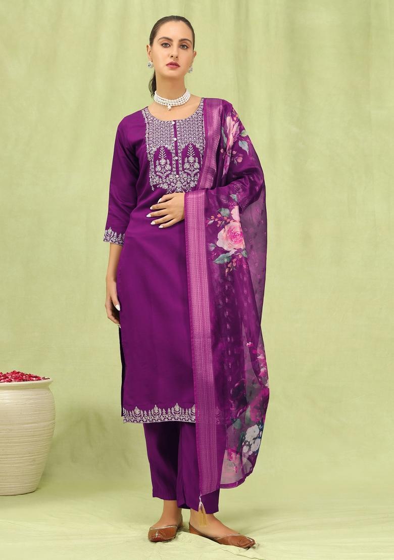 Purple Embroidered Viscose Salwar Kameez With Dupatta