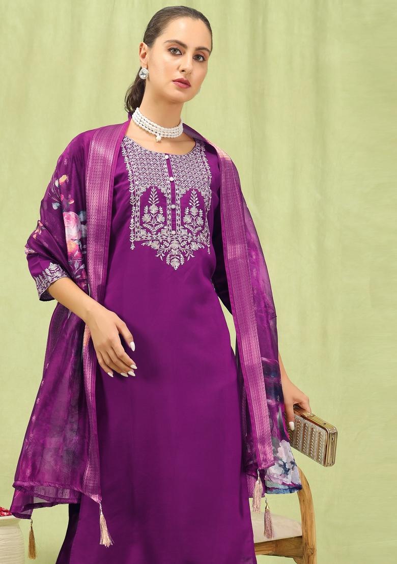 Purple Embroidered Viscose Salwar Kameez With Dupatta