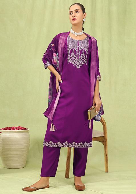 Purple Embroidered Viscose Salwar Kameez With Dupatta