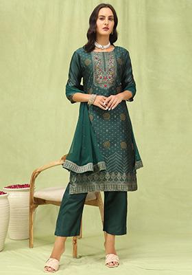 Green Woven Cotton Blend Salwar Kameez With Dupatta