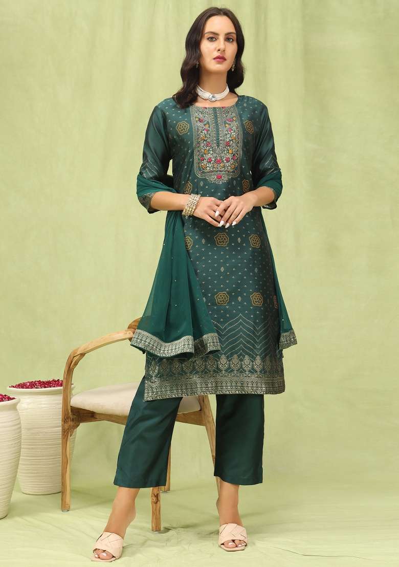 Green Printed Cotton Straight Kurta Set - Indya