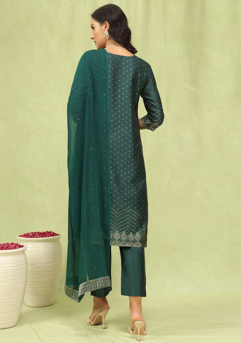 Green Printed Cotton Straight Kurta Set - Indya