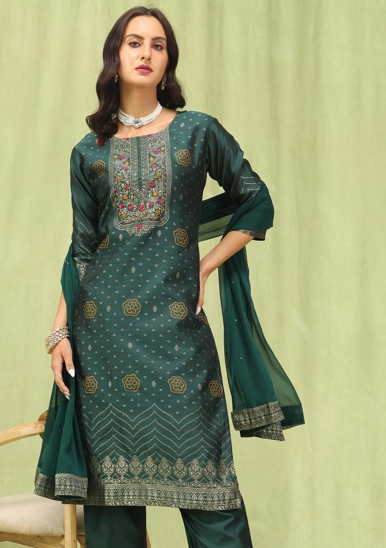 Green Woven Cotton Blend Salwar Kameez With Dupatta