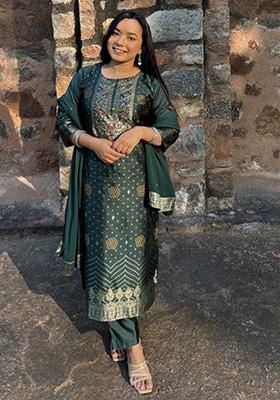 Green Woven Cotton Blend Salwar Kameez With Dupatta