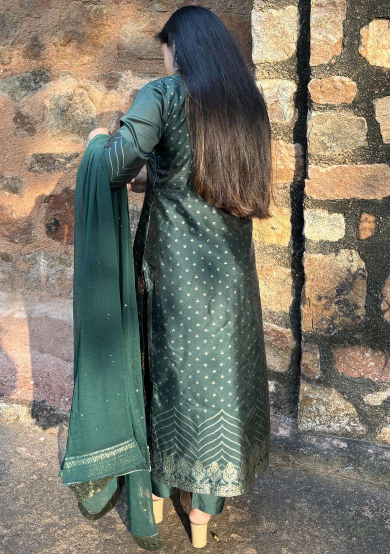 Green Jacquard Cotton Straight Kurta Set - Indya