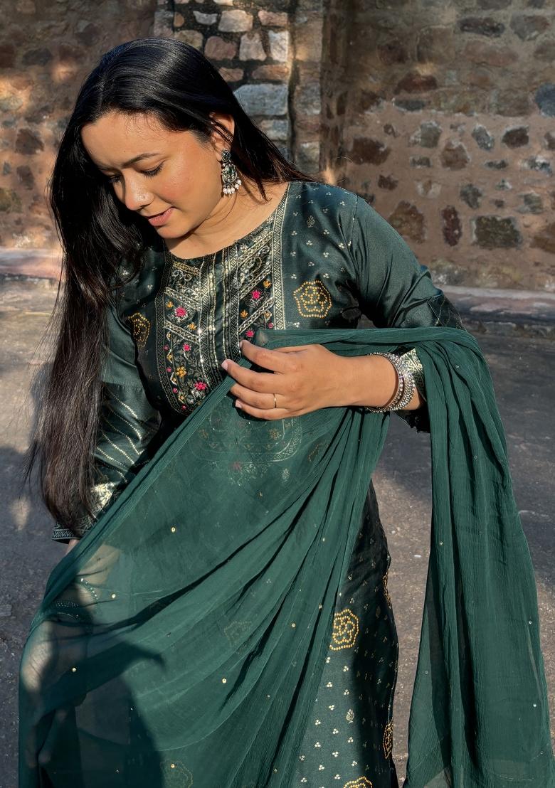Green Woven Cotton Blend Salwar Kameez With Dupatta