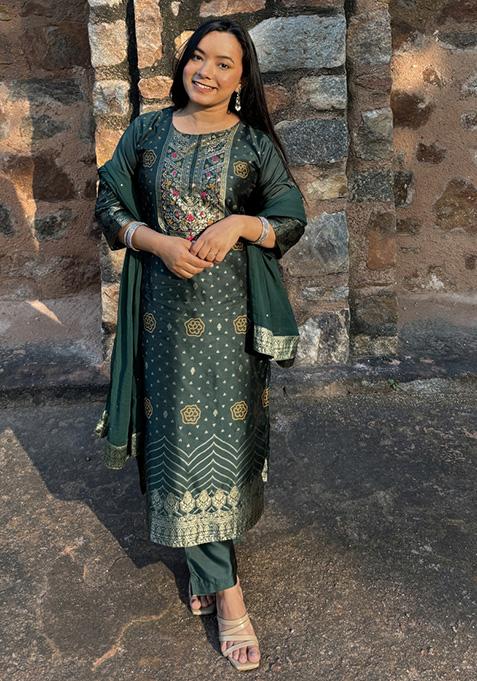 Green Woven Cotton Blend Salwar Kameez With Dupatta