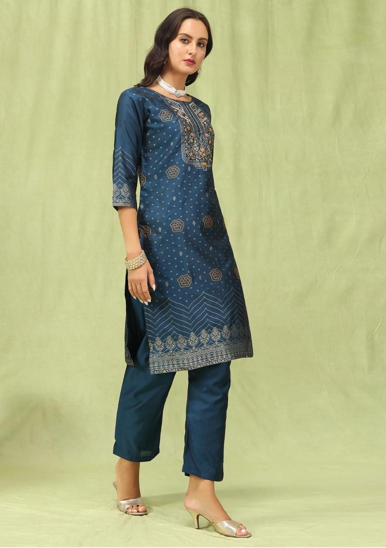 Blue Woven Cotton Blend Salwar Kameez With Dupatta