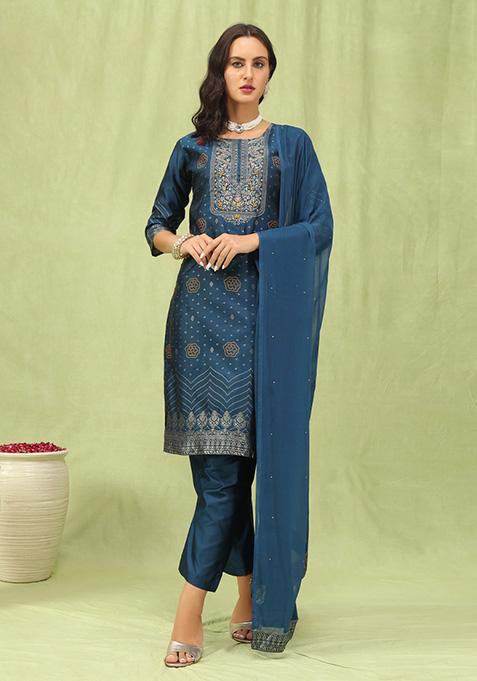 Blue Woven Cotton Blend Salwar Kameez With Dupatta