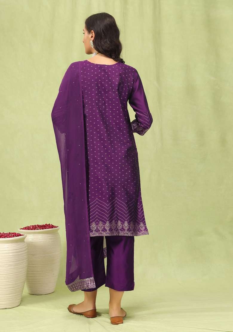 Purple Embroidered Cotton Pakistani Suit Set - Indya