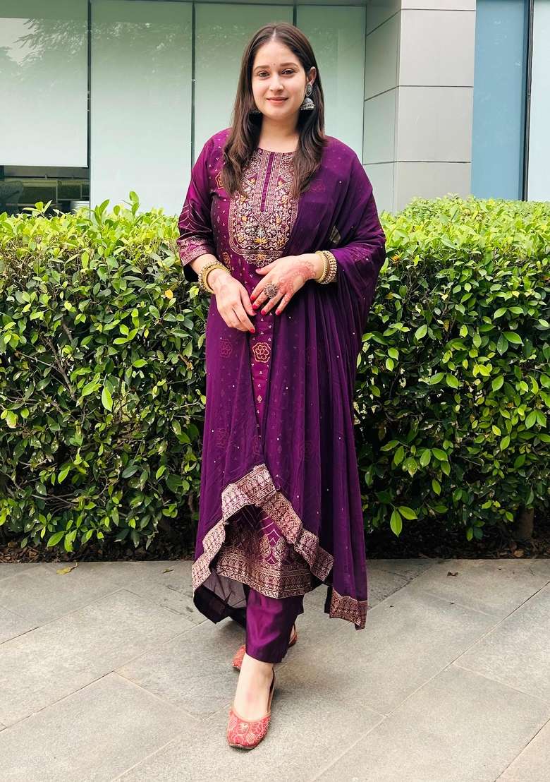 Purple Embroidered Cotton Straight Kurta Set - Indya