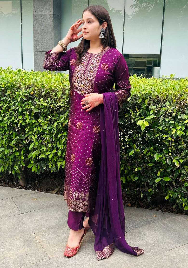 Purple Embroidered Cotton Straight Kurta Set - Indya