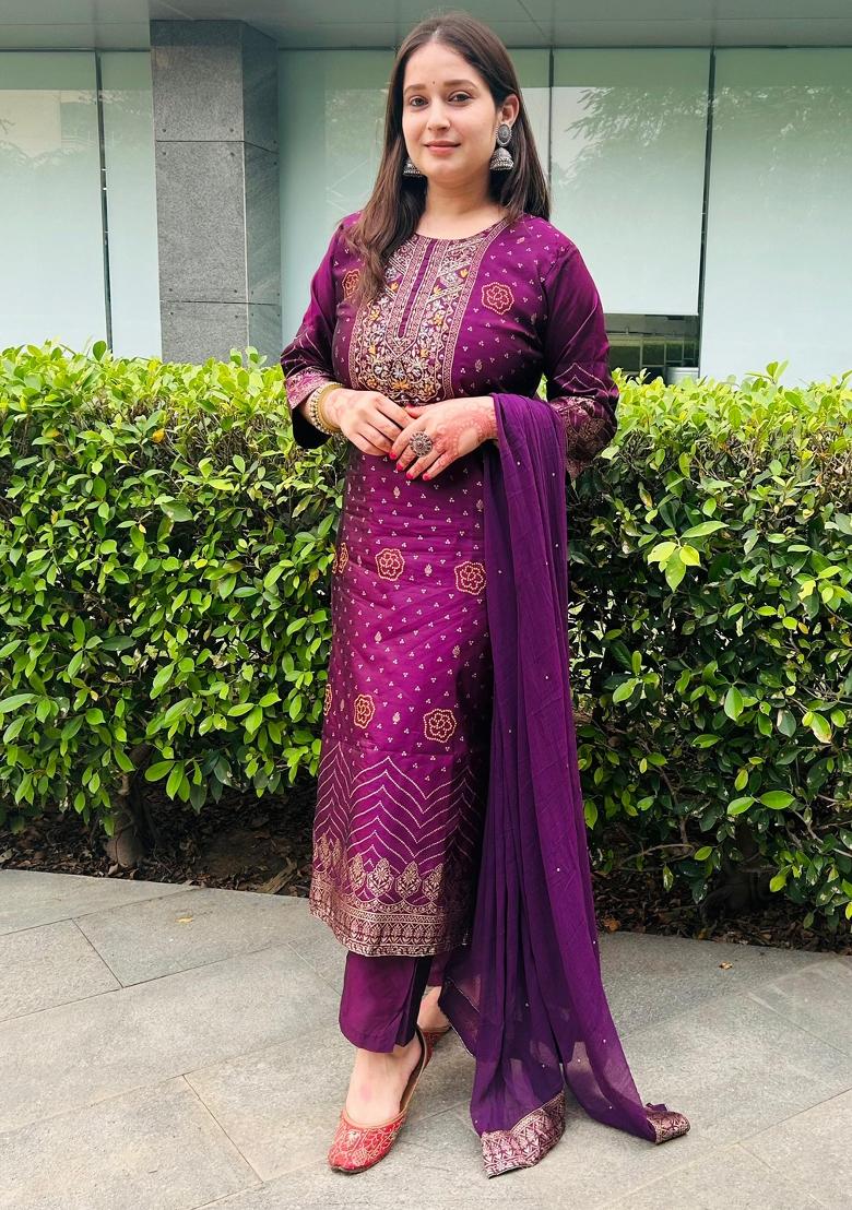 Purple Woven Cotton Blend Salwar Kameez With Dupatta