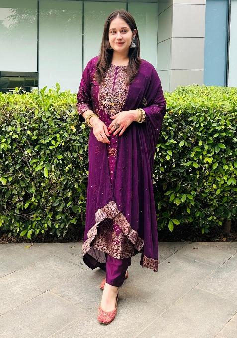 Purple Woven Cotton Blend Salwar Kameez With Dupatta