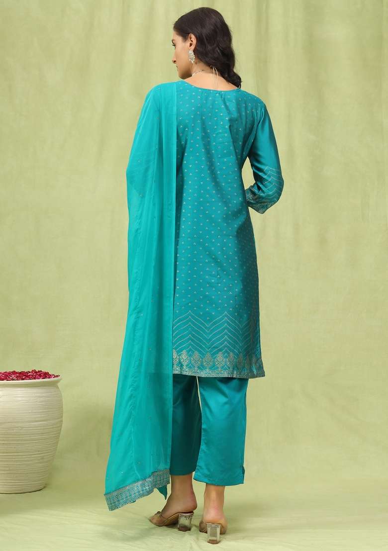 Rama Blue Jacquard Cotton Straight Kurta Set - Indya