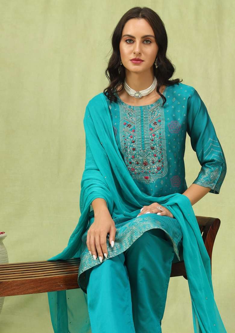 Rama Blue Jacquard Cotton Straight Kurta Set - Indya