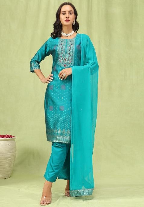 Rama Blue Woven Cotton Blend Salwar Kameez With Dupatta