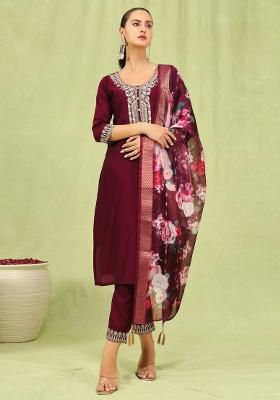 Maroon Embroidered Viscose Salwar Kameez With Dupatta