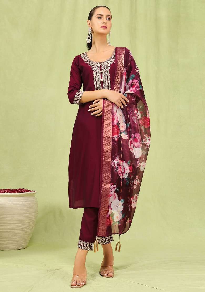 Maroon Embroidered Viscose Straight Kurta Set - Indya