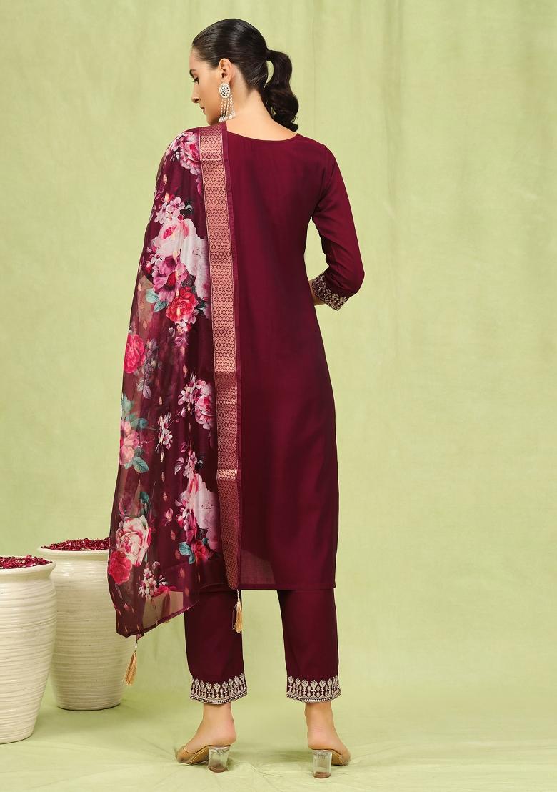 Maroon Embroidered Viscose Salwar Kameez With Dupatta