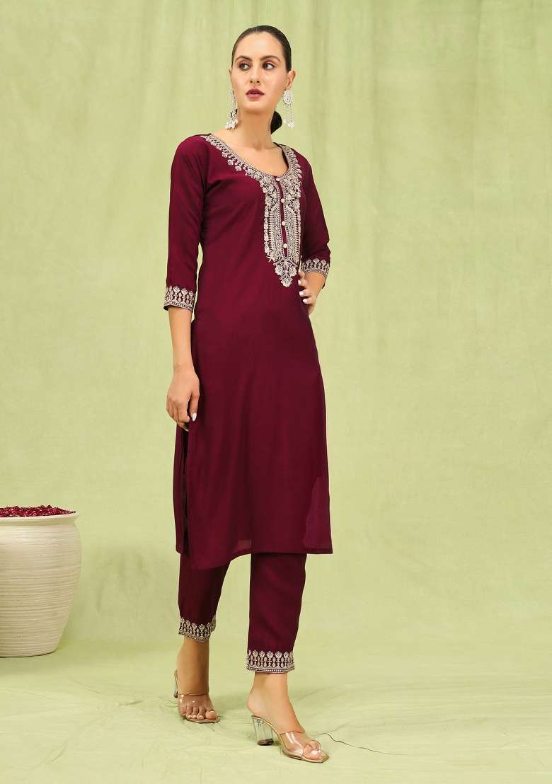 Maroon Embroidered Viscose Straight Kurta Set - Indya