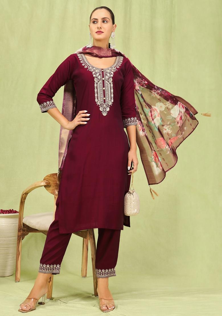 Maroon Embroidered Viscose Salwar Kameez With Dupatta