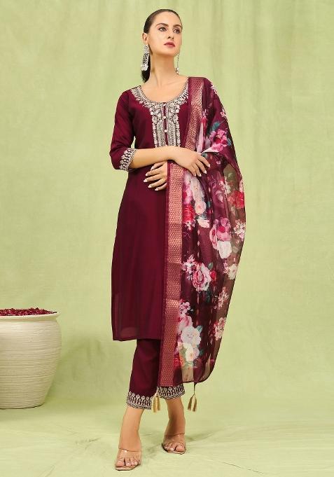 Maroon Embroidered Viscose Salwar Kameez With Dupatta
