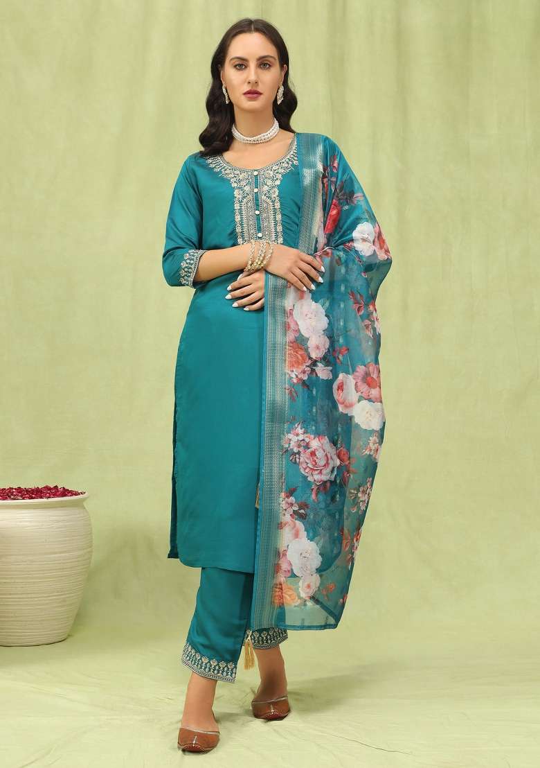 Rama Blue Embroidered Viscose Straight Kurta Set - Indya
