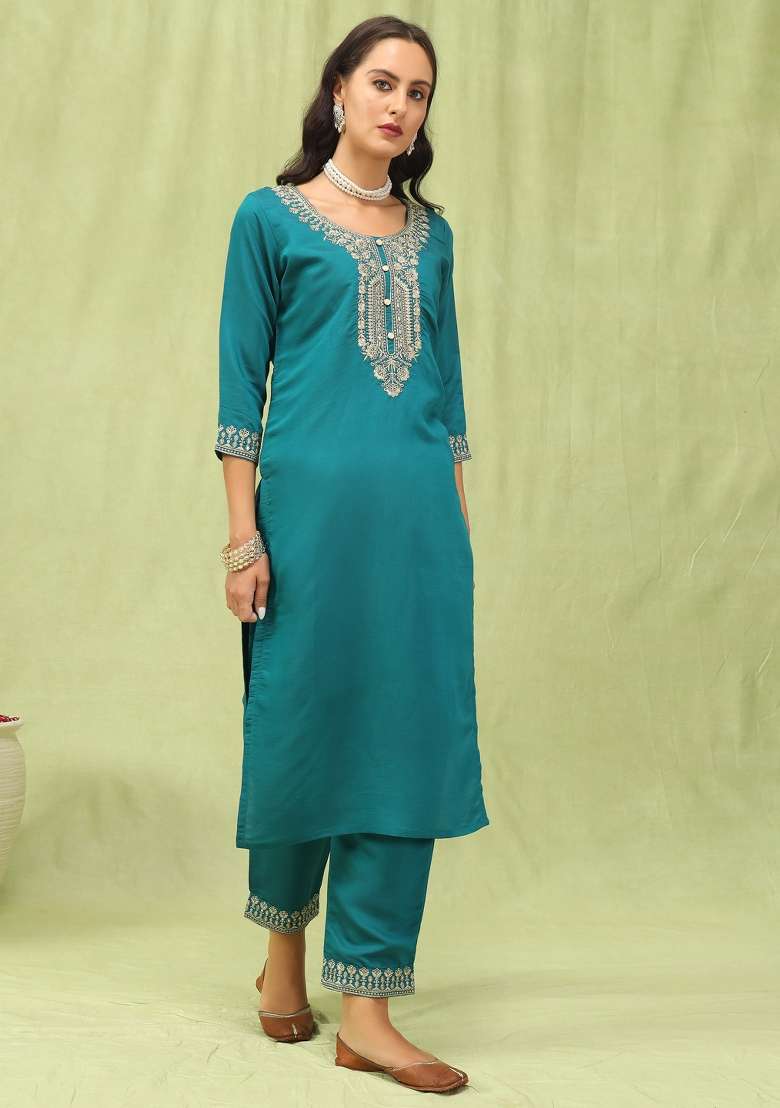 Rama Blue Embroidered Viscose Straight Kurta Set - Indya