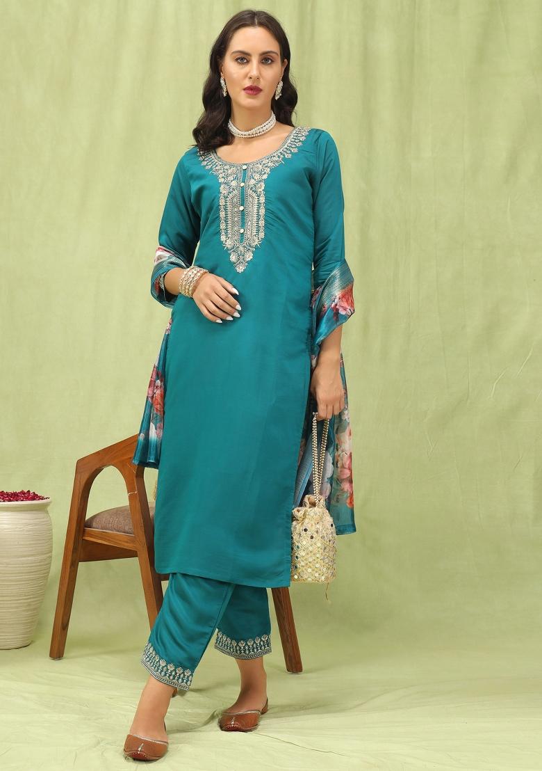 Rama Blue Embroidered Viscose Salwar Kameez With Dupatta