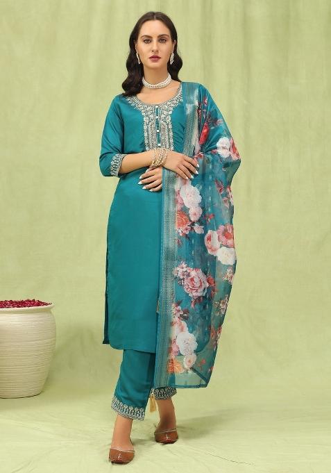 Rama Blue Embroidered Viscose Salwar Kameez With Dupatta