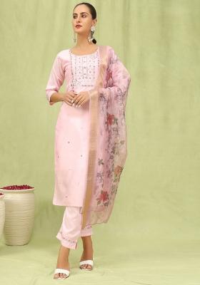 Pink Embroidered Silk Blend Salwar Kameez With Dupatta