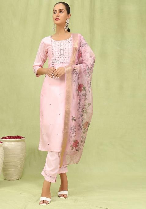 Pink Embroidered Silk Blend Salwar Kameez With Dupatta