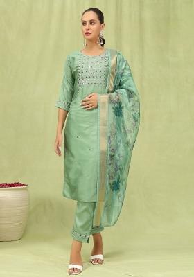 Pista Green Embroidered Silk Blend Salwar Kameez With Dupatta