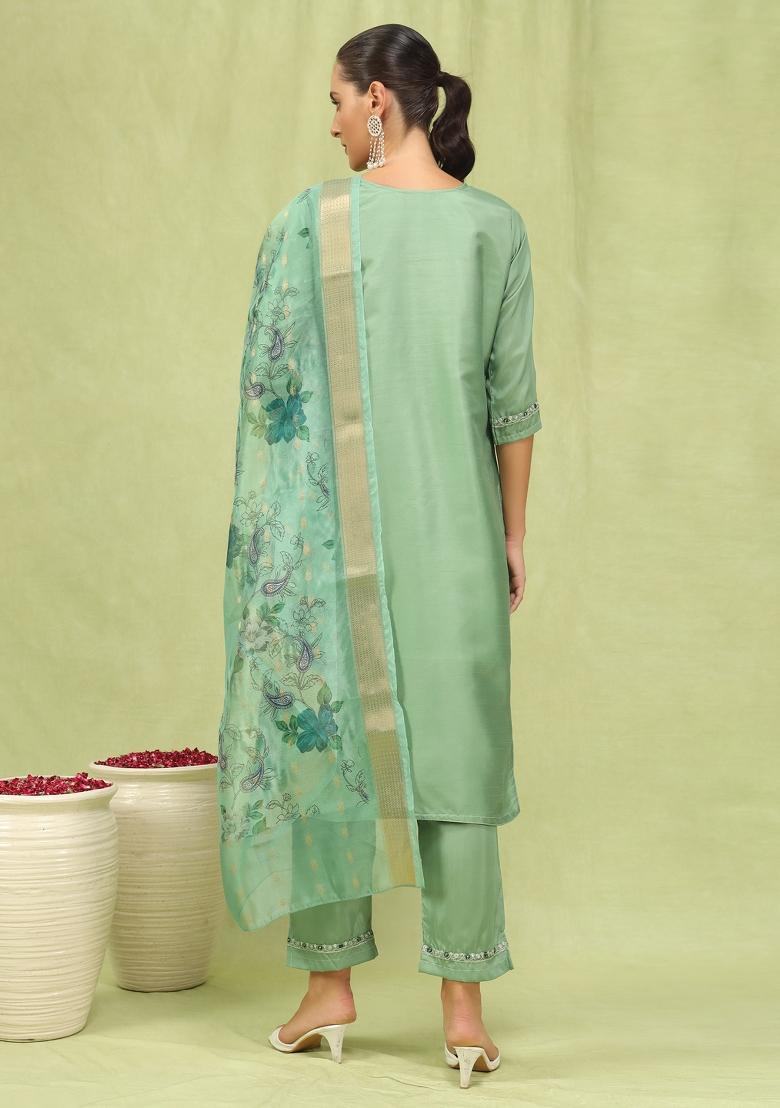 Pista Green Embroidered Silk Blend Salwar Kameez With Dupatta