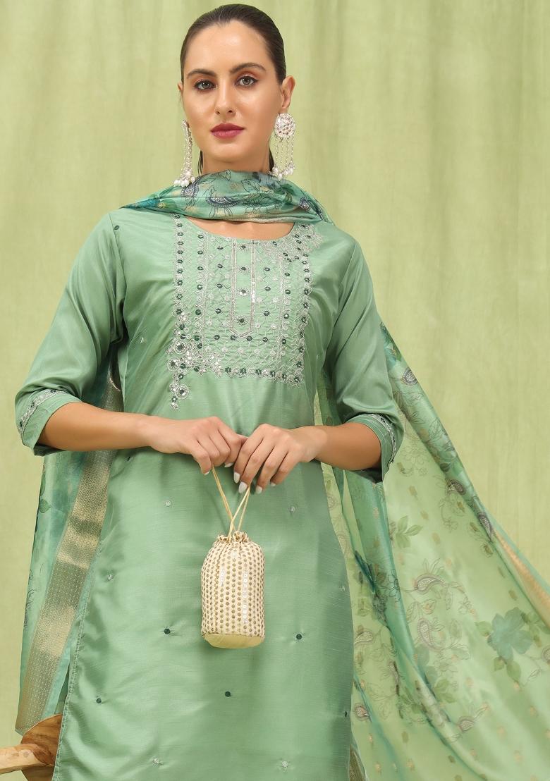 Pista Green Embroidered Silk Blend Salwar Kameez With Dupatta