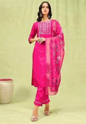 Rani Pink Embroidered Silk Blend Salwar Kameez With Dupatta