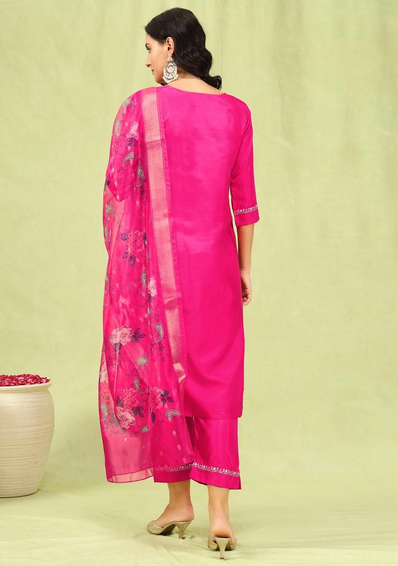 Rani Pink Embroidered Silk Blend Salwar Kameez With Dupatta