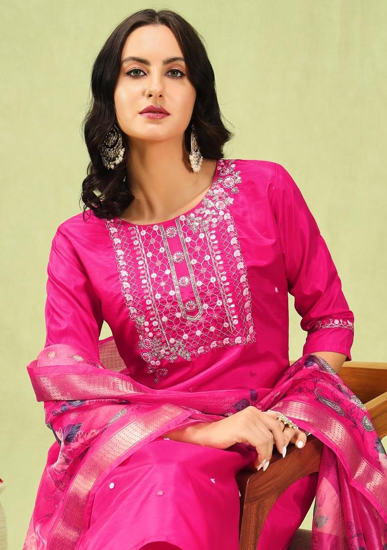 Rani Pink Embroidered Silk Blend Salwar Kameez With Dupatta