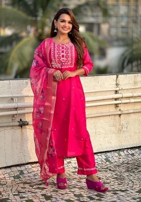 Rani Pink Embroidered Silk Blend Salwar Kameez With Dupatta