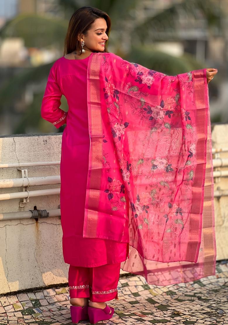 Rani Pink Embroidered Silk Blend Salwar Kameez With Dupatta