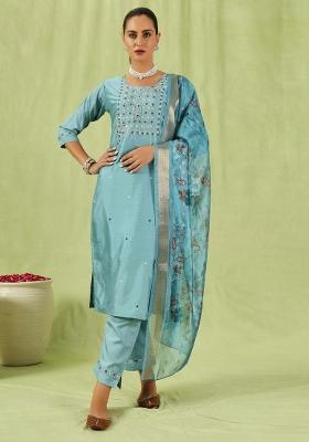 Sky Blue Embroidered Silk Blend Salwar Kameez With Dupatta