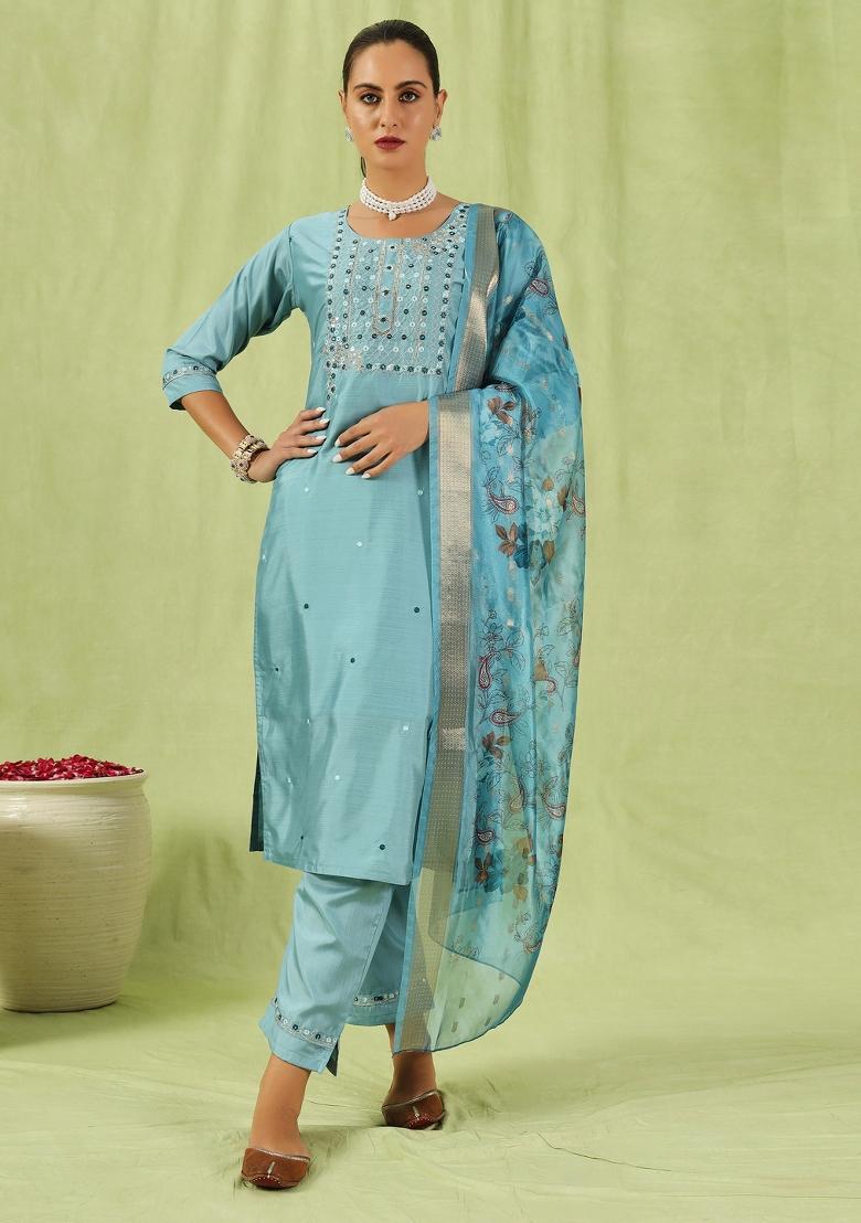 Sky Blue Embroidered Silk Blend Salwar Kameez With Dupatta