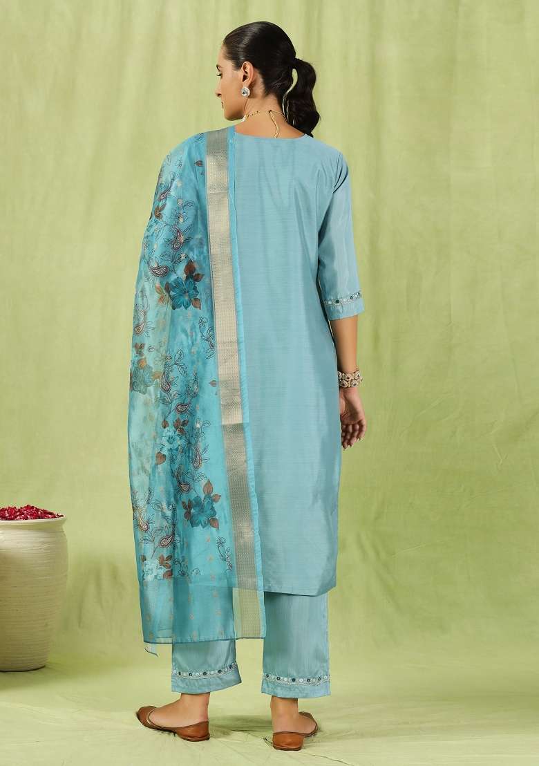 Sky Blue Embroidered Silk Blend Straight Kurta Set - Indya