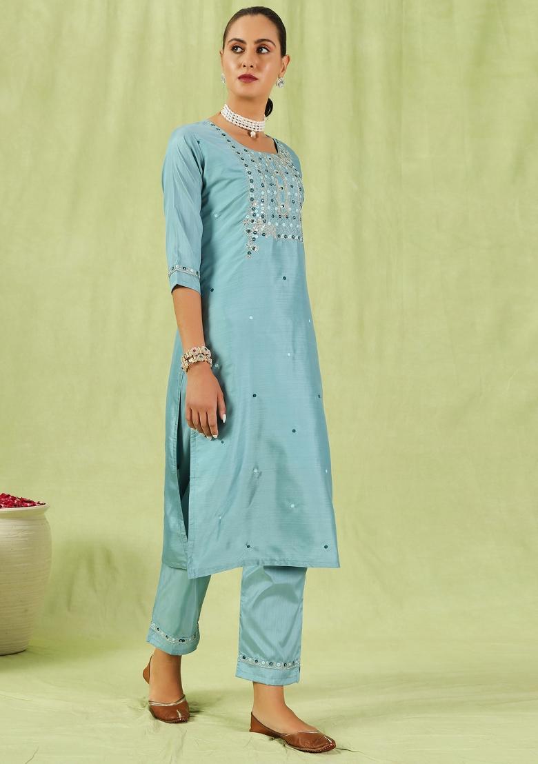 Sky Blue Embroidered Silk Blend Salwar Kameez With Dupatta