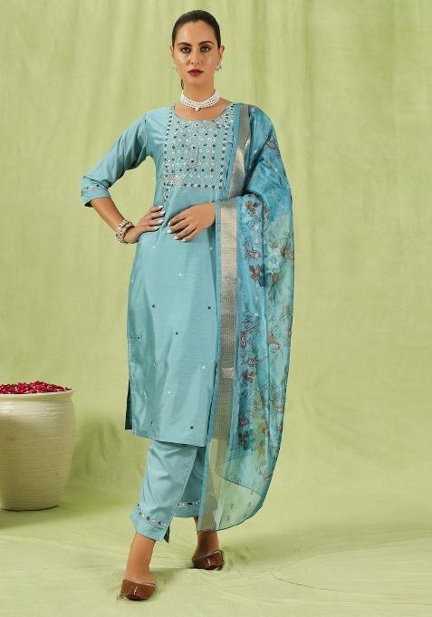 Sky Blue Embroidered Silk Blend Salwar Kameez With Dupatta