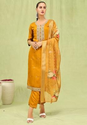 Mustard Yellow Embroidered Viscose Salwar Kameez With Dupatta
